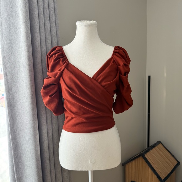 Revamped Tops - Revamped | women's small Rust Puff Sleeve low cut back wrap front Blouse